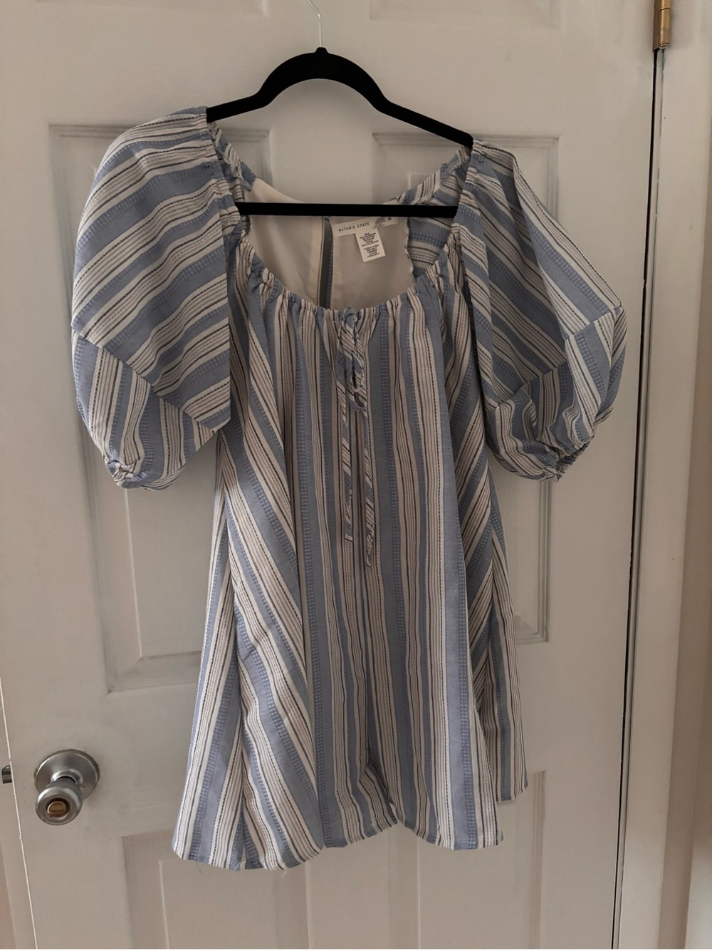 Altar'd State Blue and White Striped Puff-Sleeve tunic romper